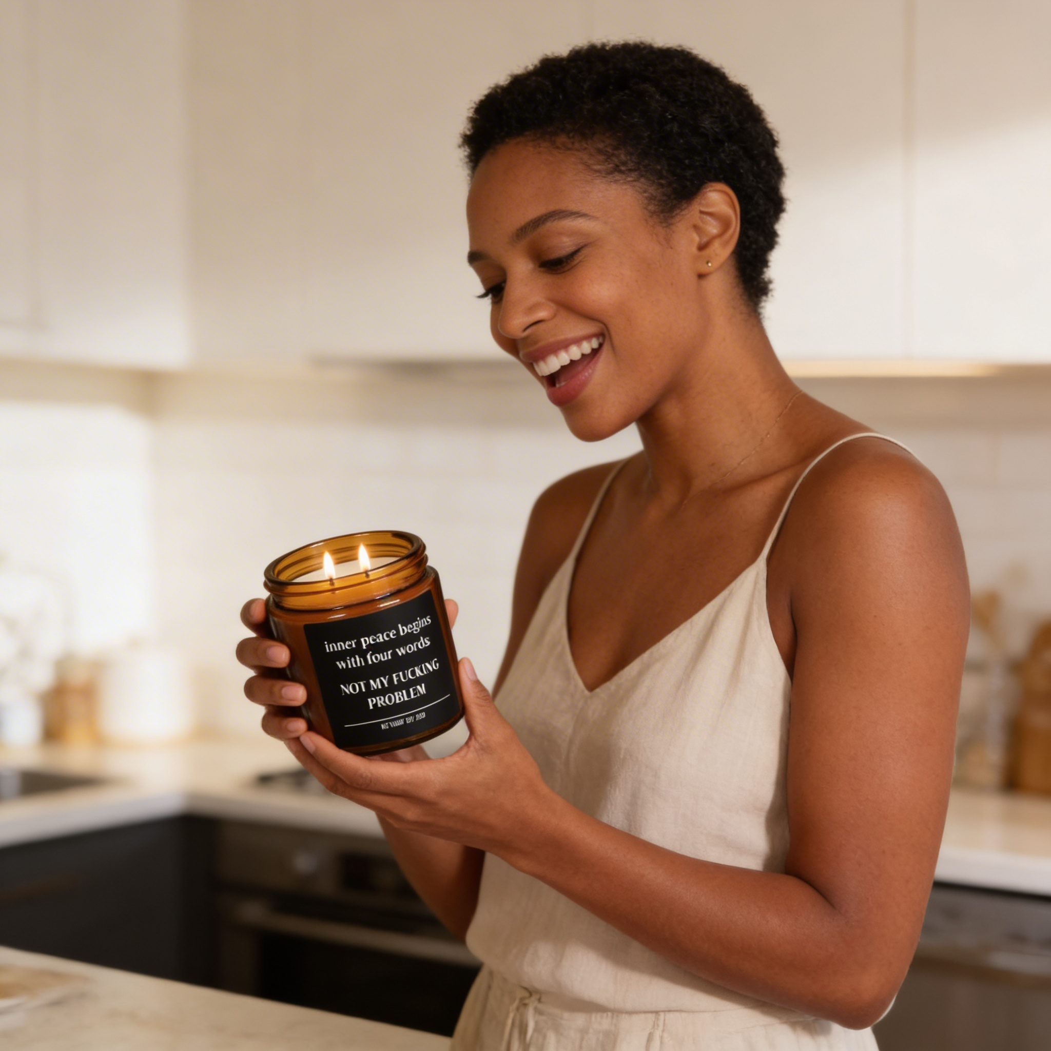 inner peace begins with four words: not my fucking problem candle