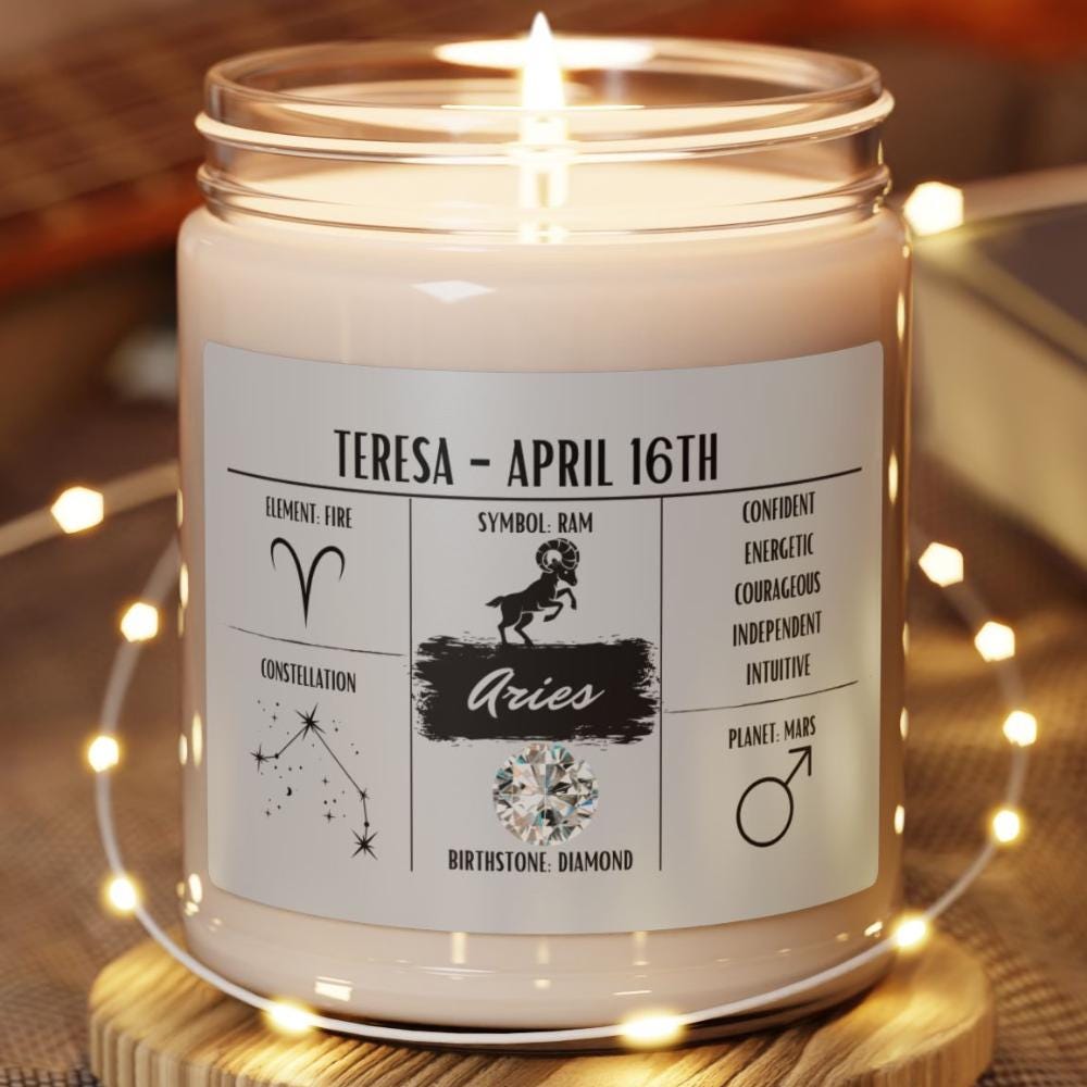 Personalized Aries Zodiac Candle (Mar 21 – Apr 19) — Custom Name & Birthdate, Astrology Gift, Hand-Poured Soy Wax