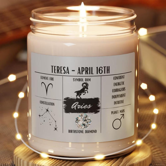 Personalized Aries Zodiac Candle (Mar 21 – Apr 19) — Custom Name & Birthdate, Astrology Gift, Hand-Poured Soy Wax