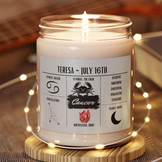 Personalized Cancer Zodiac Candle (Jun 21 – Jul 22) — Custom Astrology Gift, Hand-Poured Soy Wax