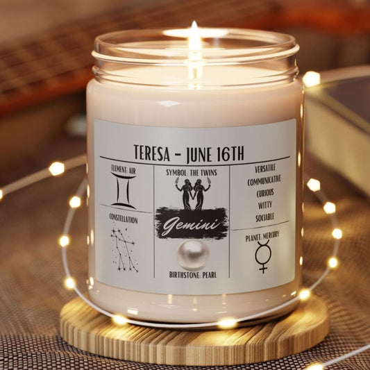 Personalized Gemini Zodiac Candle (May 21 – Jun 20) — Custom Astrology Gift, Hand-Poured Soy Wax