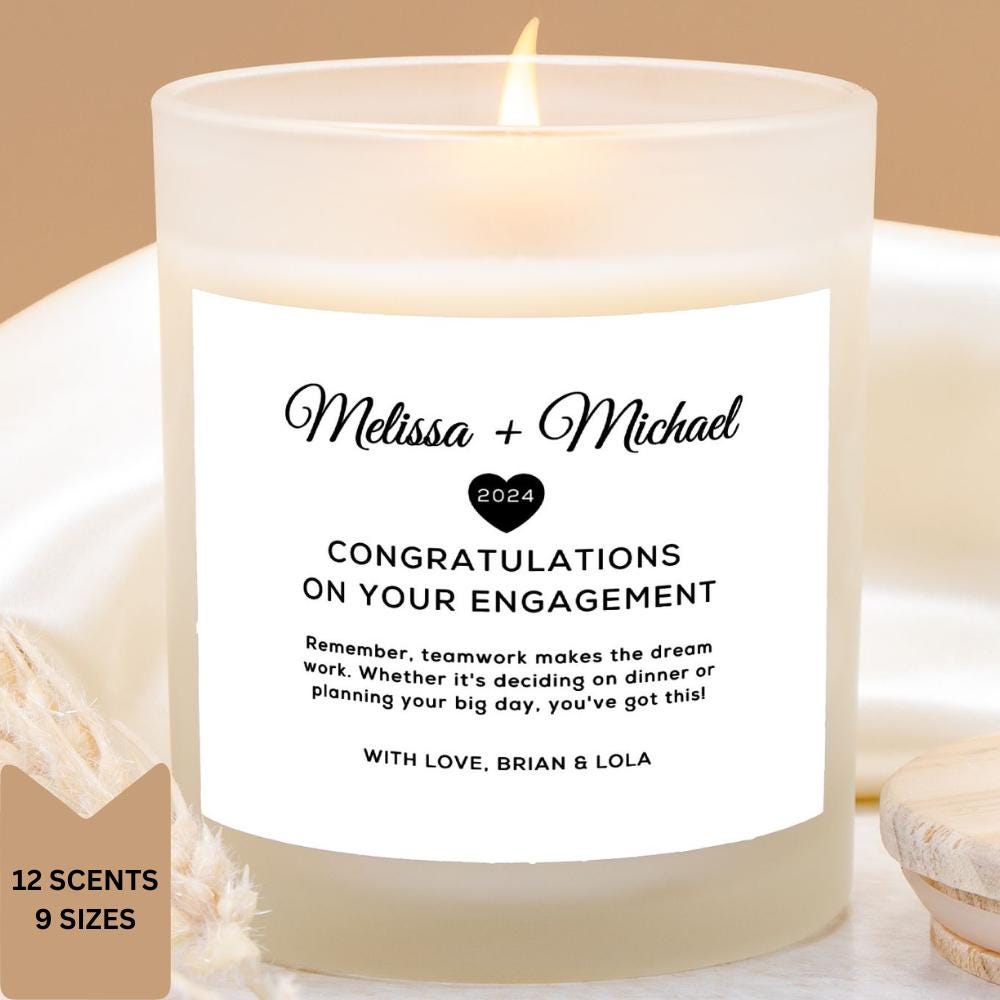 Celebrate Their Love with Our Personalized Romantic Candle, Wooden Wick, Frosted Glass, Engagement Keepsake