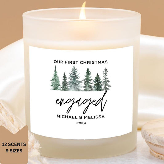 Engaged for Christmas: Personalized Wooden Wick Candle, Frosted Glass Holiday Engagement Memento, Romantic Gift for Two
