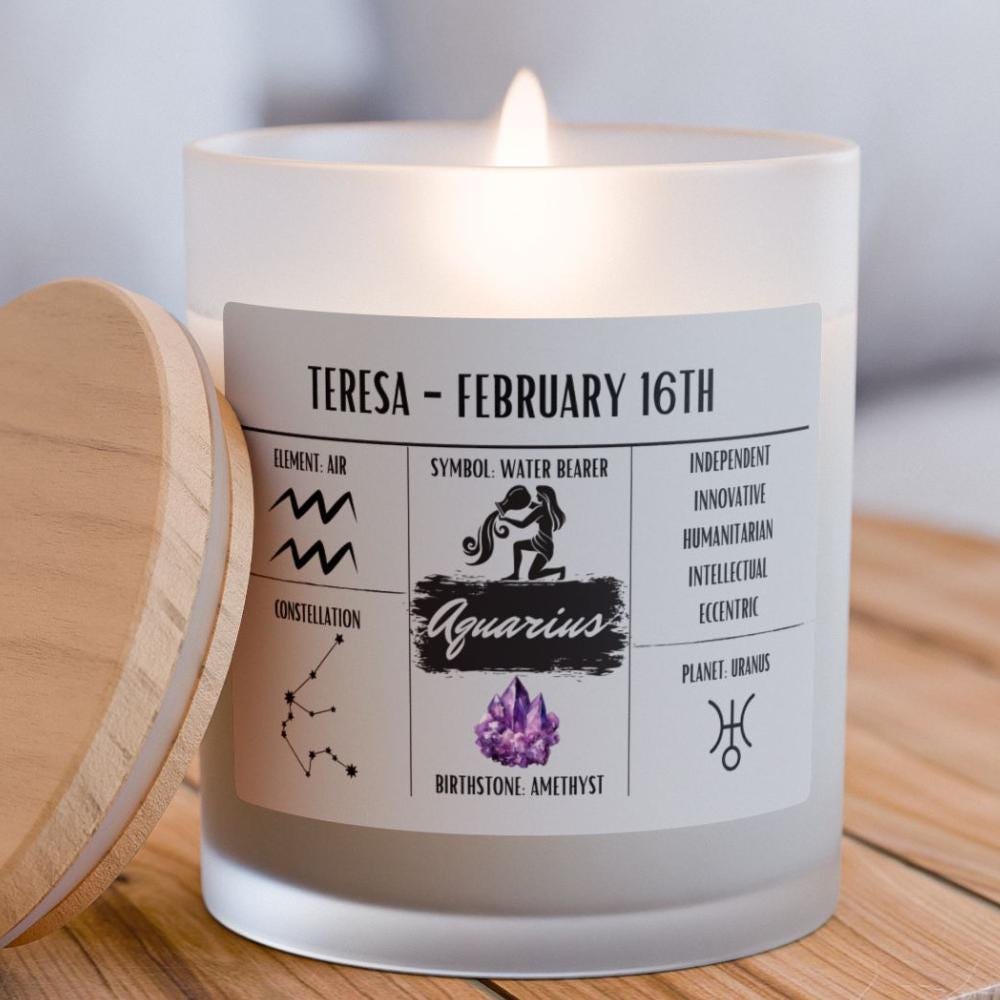Personalized Aquarius Zodiac Frosted Candle | January 20 - February 18 Birthday Gift | Birthdate Candle for Her | Custom Astrology Gift
