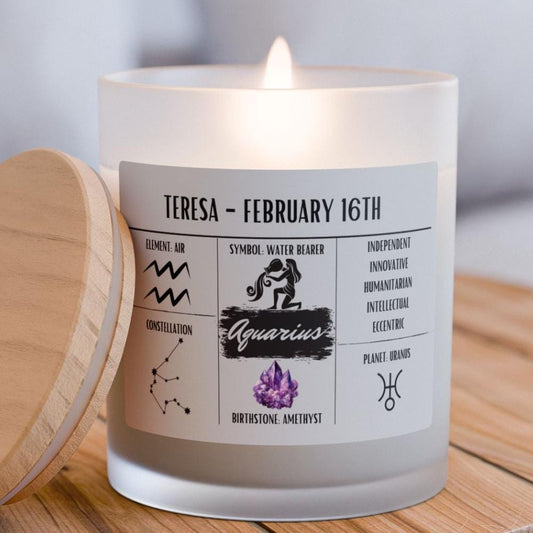 Personalized Aquarius Zodiac Frosted Candle | January 20 - February 18 Birthday Gift | Birthdate Candle for Her | Custom Astrology Gift