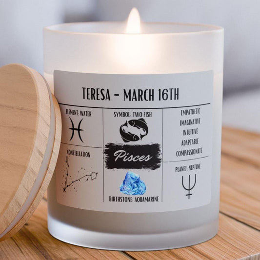 Personalized Pisces Zodiac Frosted Candle | February-March Birthday Gift | Birthdate Candle for Her | Custom Astrology Constellation