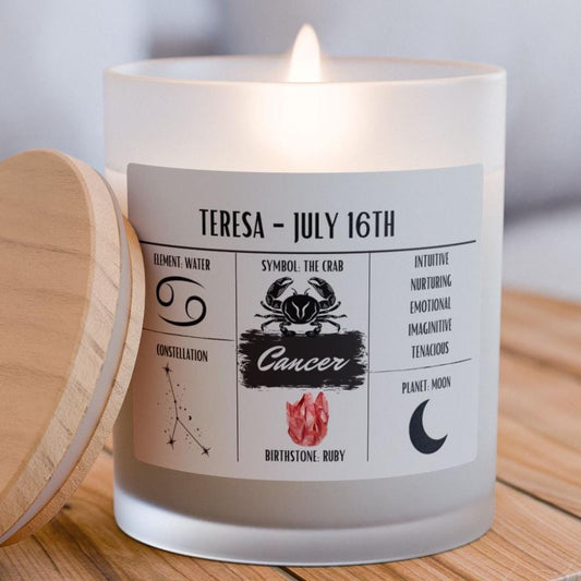 Personalized Cancer Zodiac Frosted Candle | June 21 - July 22 Birthday Gift | Birthdate Candle for Her | Custom Astrology Constellation