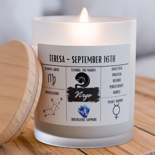 Personalized Virgo Zodiac Frosted Candle | August 23 - September 22 Birthday Gift | Birthdate Candle for Her | Custom Astrology Gift