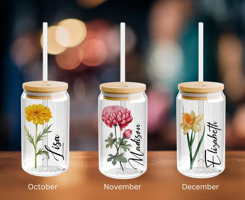 Personalized Birth Flower Tumbler with Name, Glass Tumbler Gift for Her, Customized Glass Tumbler Gift for Her Birthday