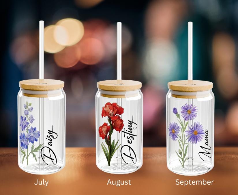Personalized Birth Flower Tumbler with Name, Glass Tumbler Gift for Her, Customized Glass Tumbler Gift for Her Birthday