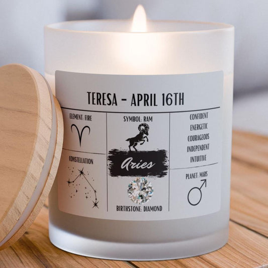 Personalized Aries Zodiac Frosted Candle | March 21 - April 19 Birthday Gift | Birthdate Candle for Her | Custom Astrology Constellation