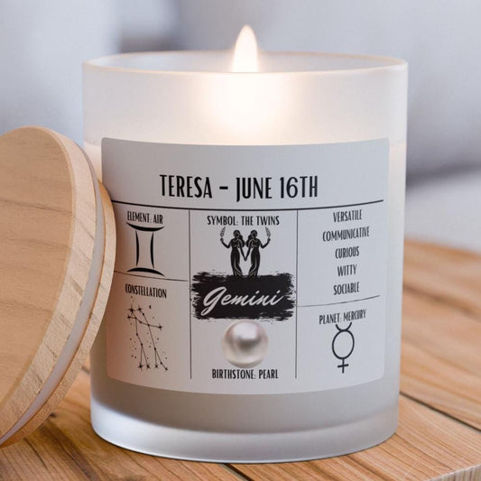 Personalized Gemini Zodiac Frosted Candle | May 21 - June 20 Birthday Gift | Birthdate Candle for Her | Custom Astrology Constellation