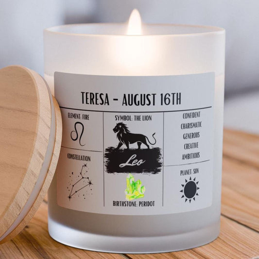 Personalized Leo Zodiac Frosted Candle | July 23 - August 22 Birthday Gift | Birthdate Candle for Her | Custom Astrology Constellation