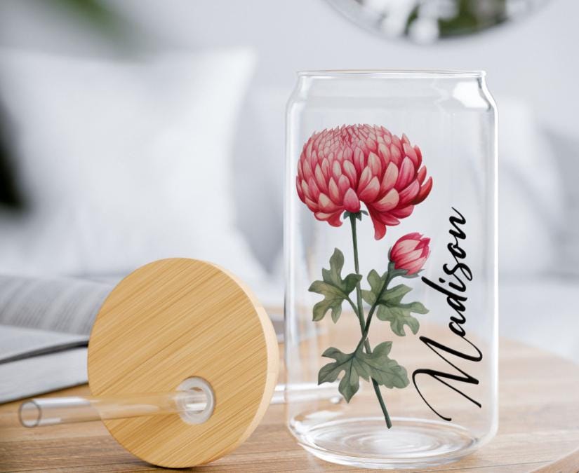 Personalized Birth Flower Tumbler with Name, Glass Tumbler Gift for Her, Customized Glass Tumbler Gift for Her Birthday