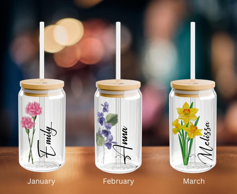 Personalized Birth Flower Tumbler with Name, Glass Tumbler Gift for Her, Customized Glass Tumbler Gift for Her Birthday