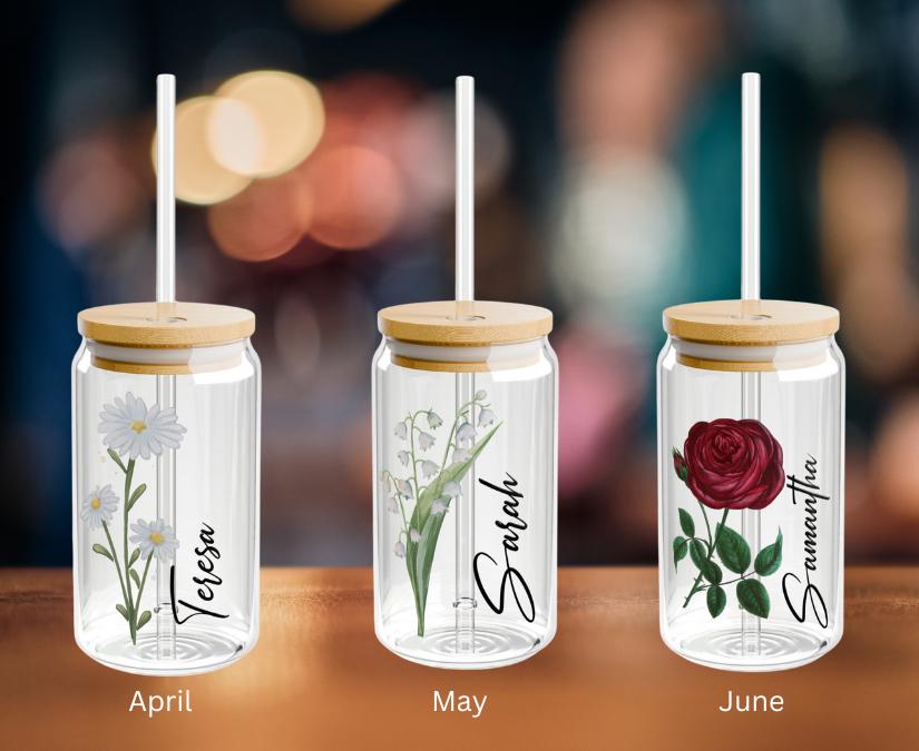 Personalized Birth Flower Tumbler with Name, Glass Tumbler Gift for Her, Customized Glass Tumbler Gift for Her Birthday