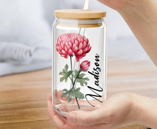 Personalized Birth Flower Tumbler with Name, Glass Tumbler Gift for Her, Customized Glass Tumbler Gift for Her Birthday