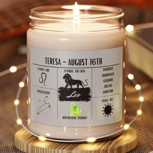 Personalized Leo Zodiac Candle (Jul 23 – Aug 22) — Custom Astrology Gift, Hand-Poured Soy Wax