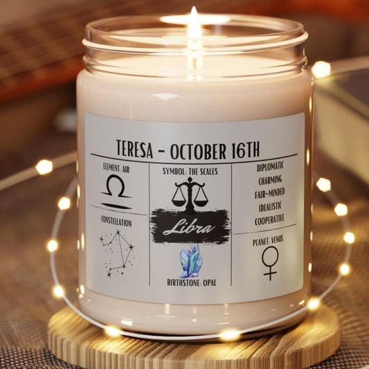 Personalized Libra Zodiac Candle (Sep 23 – Oct 22) — Custom Astrology Gift, Hand-Poured Soy Wax