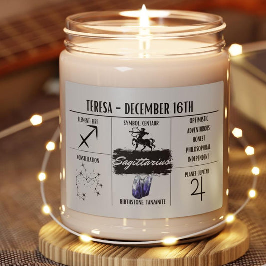 Personalized Sagittarius Zodiac Candle (Nov 22 – Dec 21) — Custom Astrology Gift, Hand-Poured Soy Wax