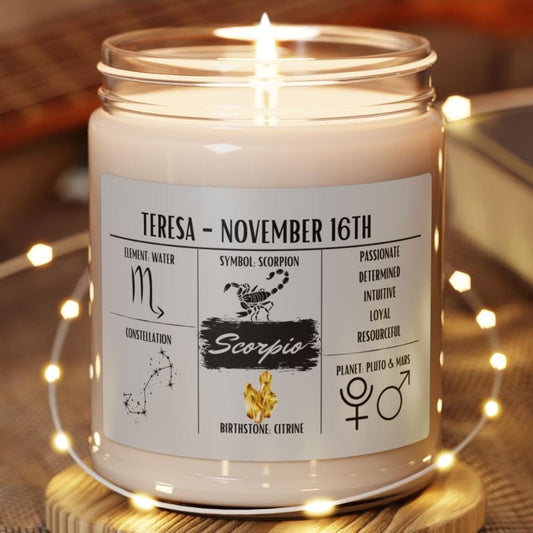 Personalized Scorpio Zodiac Candle (Oct 23 – Nov 21) — Custom Astrology Gift, Hand-Poured Soy Wax