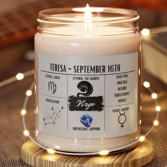 Personalized Virgo Zodiac Candle (Aug 23 – Sep 22) — Custom Astrology Gift, Hand-Poured Soy Wax